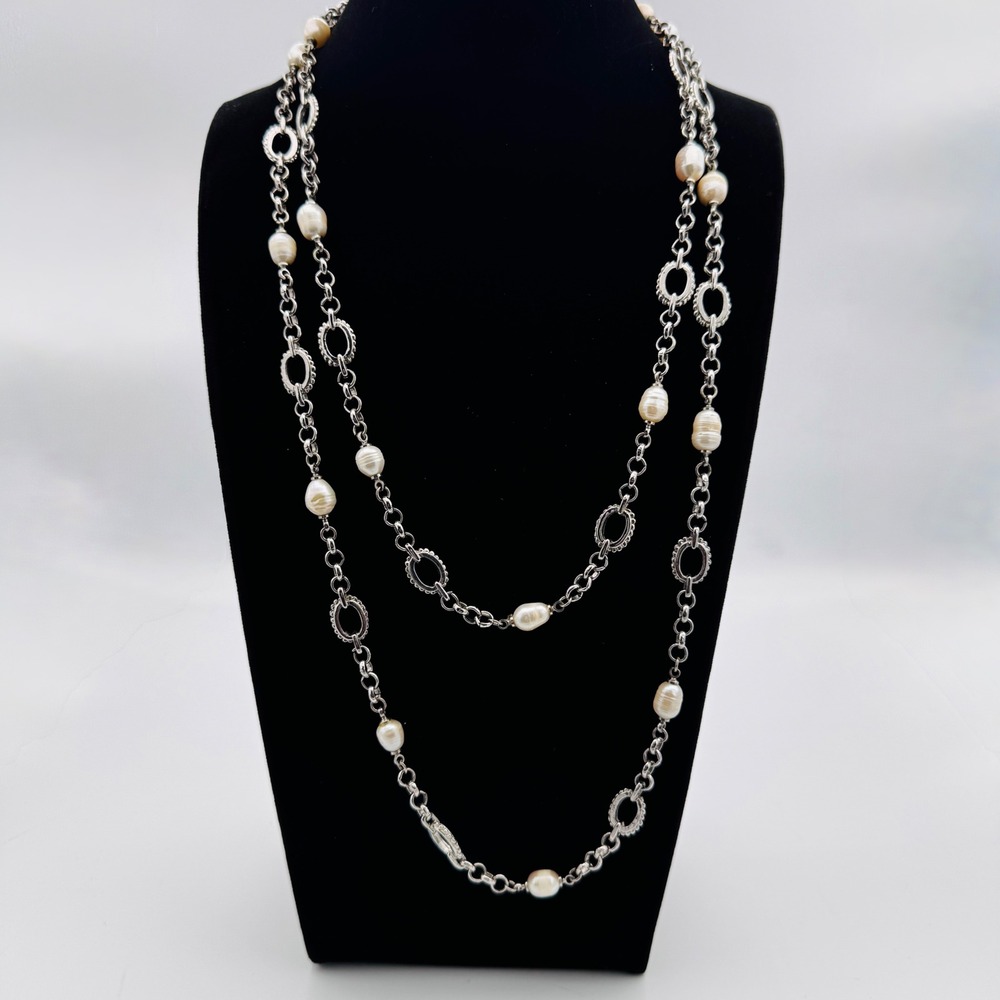 Vintage Baroque Pearl Opera Length Necklace Silver Tone Station Chain 45‎ in 50g